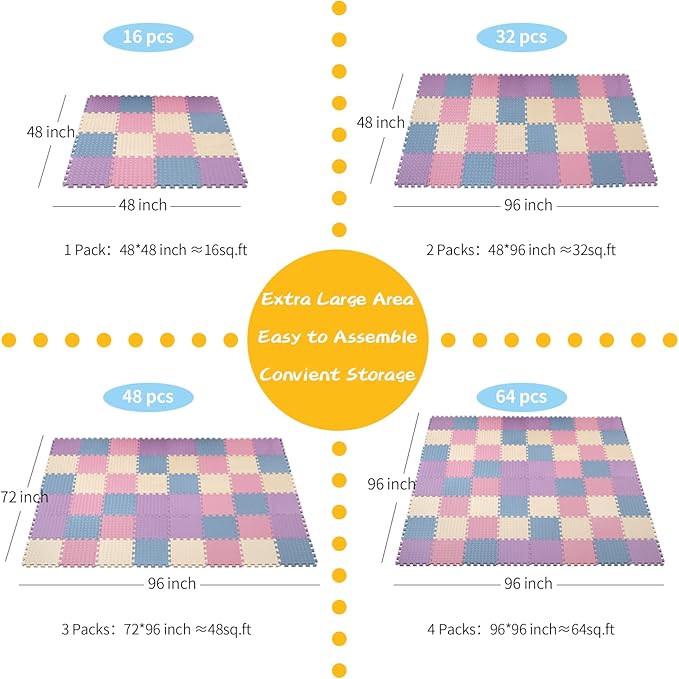 Foam Play Mat for Baby, EVA Non-Toxic Interlocking Floor Mats, Solid Colored Foam Puzzled Floor Mats, Baby Play Mat Exercise Mats, 16 Tiles(Beige/Pink/Purple/Gray Blue)