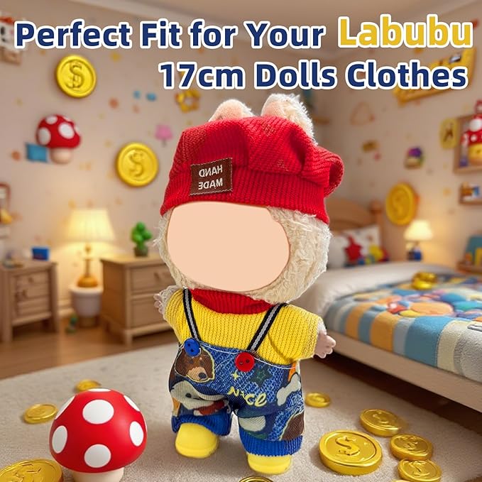 17cm Doll Clothes Set (No Doll), 4 Pieces Outfit Set for 6.7inch Dolls Suit, Fashion Clothes Accessories Dress-Up,Includes—Chic Hat+Top+Cute Overalls+ Shoes(Style B)