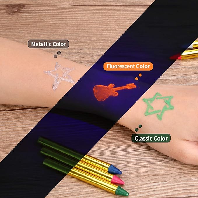 Face Paint Crayons for Kids, 36 Makeup Sticks & 36 Stencils, Professtional Face Painting kit for Halloween or Birthday Party, 6 Fluorescent, 6 Metallic & 24 Classic Colors, Safe for Sensitive Skin