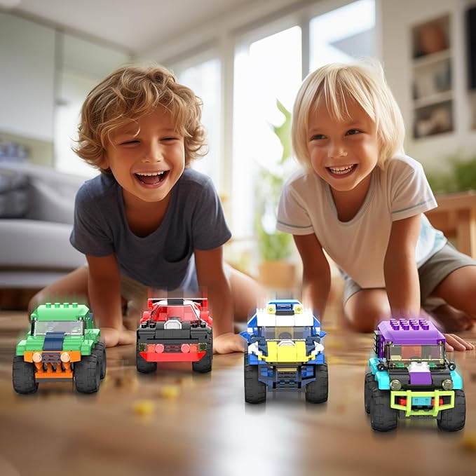 4 Pack Monster Truck Micro Brick Building Blocks Set, Pull Back Car Toy Vehicles Set, Birthday Party Favor or Gift for Teens Ages 8+ Kids