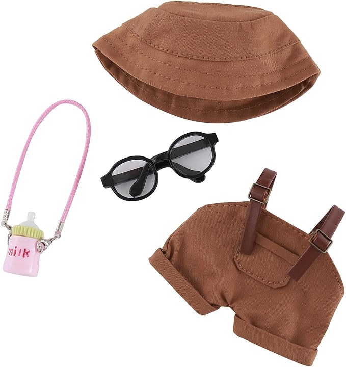 17cm Doll Clothes Set 4-Piece Outfits for Doll Brown Fashion Clothing for Plush Dolls Accessories with Glasses and Bucket Hat