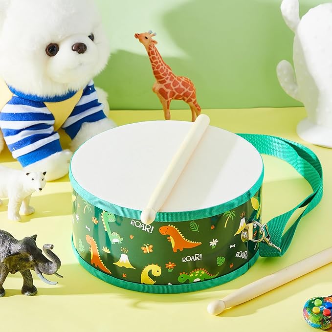 Boao 1 PC Kids Drum Set, 8 Inch Toddler Drum Wooden Toy with Adjustable Strap and 2 Drumsticks, Educational Sensory Musical Instrument for Toddlers Kid Baby Boys Girls Gift(Dinosaur)