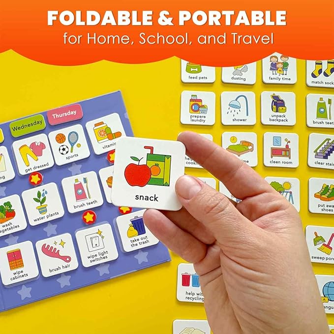 QUOKKA Magnetic Chore Chart for Kids with 72 Routine Magnets & Star Rewards - Foldable Visual Daily Responsibility Schedule and Behavior Chart for Kids - Help Kids Build Good Habits and Independence
