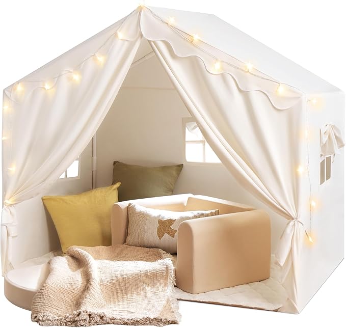 Tiny Land Kids Tent with Mat and Star Lights, Indoor Playhouse for Toddlers, 57"x36"x52" Large Reading Nook for Girls & Boys, Modern Bed Canopy for Kids Room