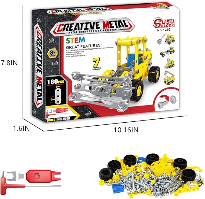 7 in 1 STEM Toys,Creative Set for Boys Age 8-12,Learning Engineering Kids Building Blocks Model Kits,Metal Construction Toys for Kids 8 9 10 11 12+ Year Old(180PCS No Motor)