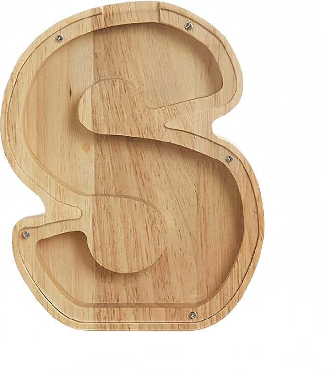 Wooden Alphabet Piggy Bank Clear Acrylic Panel Coin Savings Box Personalized Money Bank for Kids Boys Girls Adults, Birthday Home Décor(S)