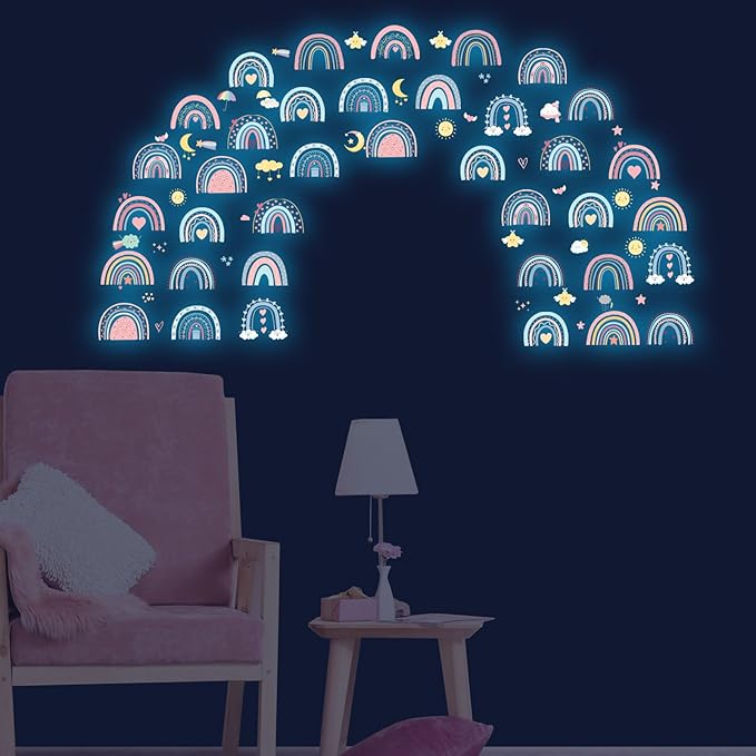 Glow in The Dark Boho Rainbow Wall Decals,Glowing Luminous Small Rainbow Wall Stickers Colorful Removable self-Adhesive Rainbow Sun Moon Star Heart Decals for Girls Bedroom Decoration