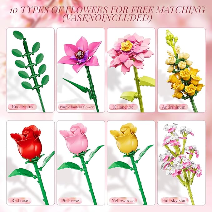 Utbttor Flowers Bouquet Building Set - Roses Flowers Set for Adults, 765 PCS Botanical Collection Building Block Toy, Home Decor Ornaments,Gifts for Anniversaries/Birthday, for Women and Kids 6+