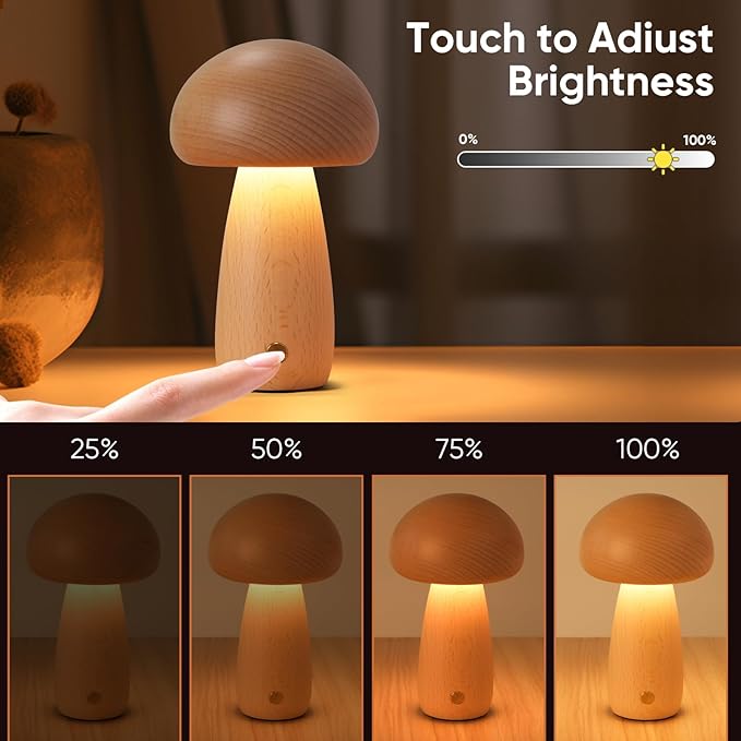 2 Pack Wooden Mushroom Lamp, Portable Cordless Touch Switch Small Rechargeable Battery Operated Lamp,Stepless Dimming,