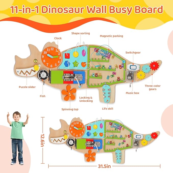 Dinosaur Activity Wall Busy Board Panels, 11-in-1 Montessori Sensory Wall Panel for Kids, Toddler Learning Activity Center, Perfect for Playroom Daycare Nursery Classroom
