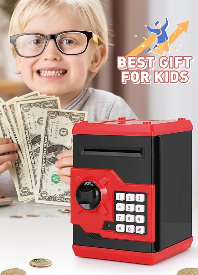 Piggy Bank for Girls Boys Large Electronic Money Coin Banks with Password Protection, Automatic Paper Money Scroll Saving Box, Great Gift for Kids (Black-Red)