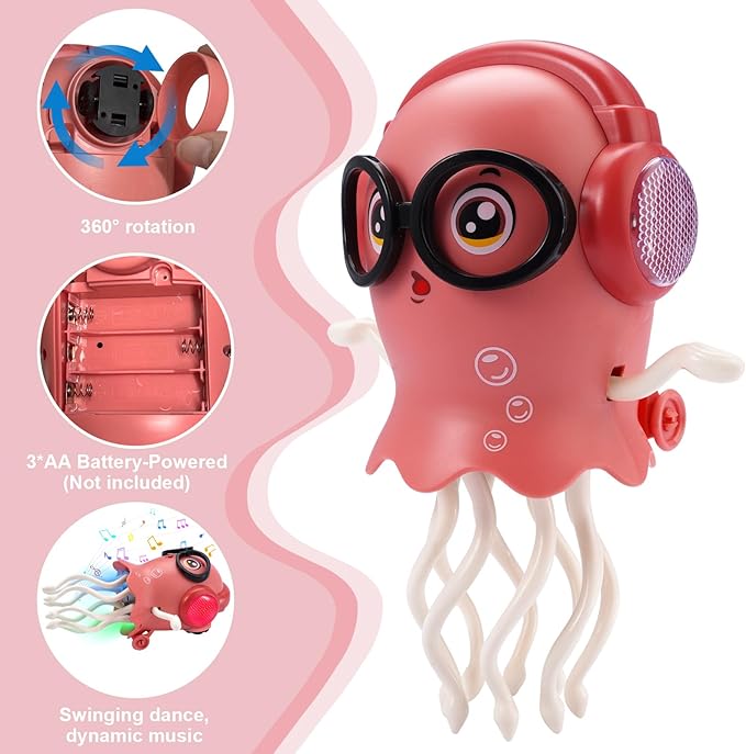 Magic Dancing Octopus Toy with Music and LED Lights, Rechargeable Electric Crawling Jellyfish for Kids Age 3+, Smart Obstacle Avoidance Musical Toy, Birthday Gift for Boys and Girls (Pink)