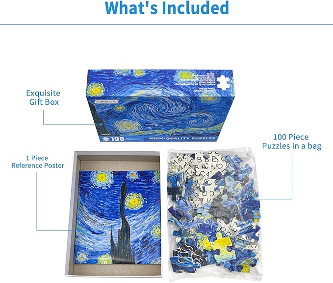100 Piece Puzzles for Kids Starry Night 100 Piece Puzzle Famous Oil Painting Puzzles for Adults 100 Pieces Classic Art Puzzles by Vincent Van Gogh Puzzle for Kids Ages 6-10 Senior Gift