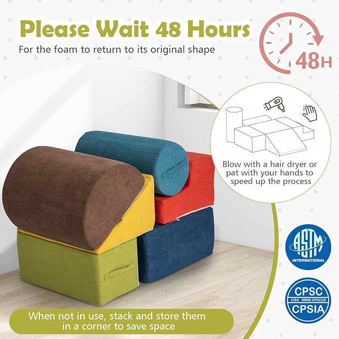 Costzon Toddler Climbing Toys Indoor, 6 Pieces Foam Climbing Blocks for Baby w/Skin-Friendly Chenille Fabric, 30D High-Density Foam & Carrying Handles, Soft Play Climbing for Toddler (Assorted)