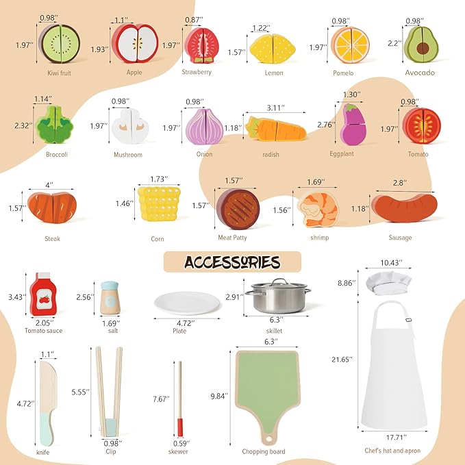 Wooden Play Food Set for Toddlers,Cutting Food for Preschool Activities, Pretend Play Kitchen Accessories for Kids, Fake Food Kitchen Toys for Boys & Girls