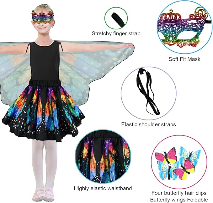 Butterfly Costume for Girls Fairy Wings Kids 4 Pcs(Cape,Skirts,Masks,Hair Clips) Butterfly Wings for Halloween Gifts