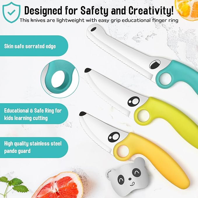 Kids Knife Set for Real Cooking with Educational Ring & Panda Finger Guard for Boys & Girls Cutting, Kids Chef Knife Stainless Steel Blade for Kitchen Cutting-Warm-toned
