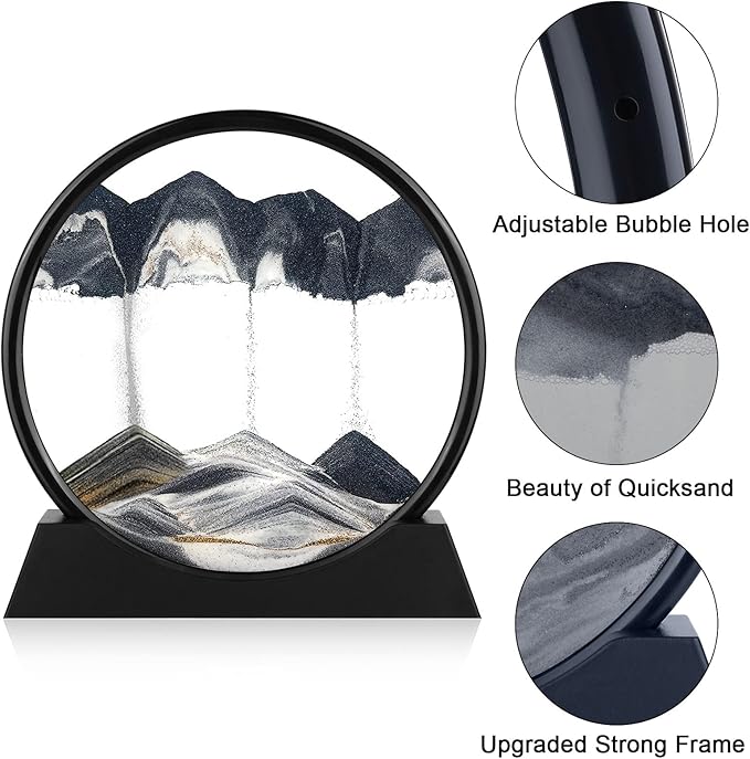 Moving Sand Art Picture - 3D Quicksand Painting Decor - Round Glass 3D Deep Sea Sandscape - Relaxing Home Decoration Desk Toys for Home Office Desk Mantle Bookshelf- (Black, 7 in)