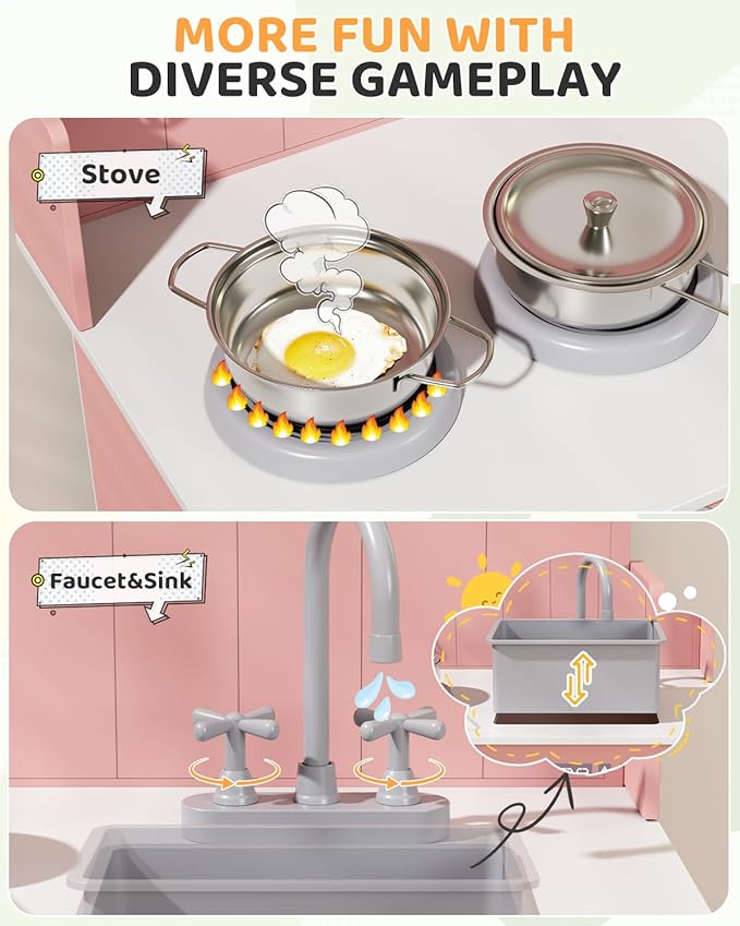 MAMIZO Kids Kitchen Playset with Ample Storage, Interactive Play Kitchen with Simulated Gas Cooker, Clicking Knobs, Sink, Faucet, 6 Pcs Cookware, Educational Clock for Toddlers (Pink)