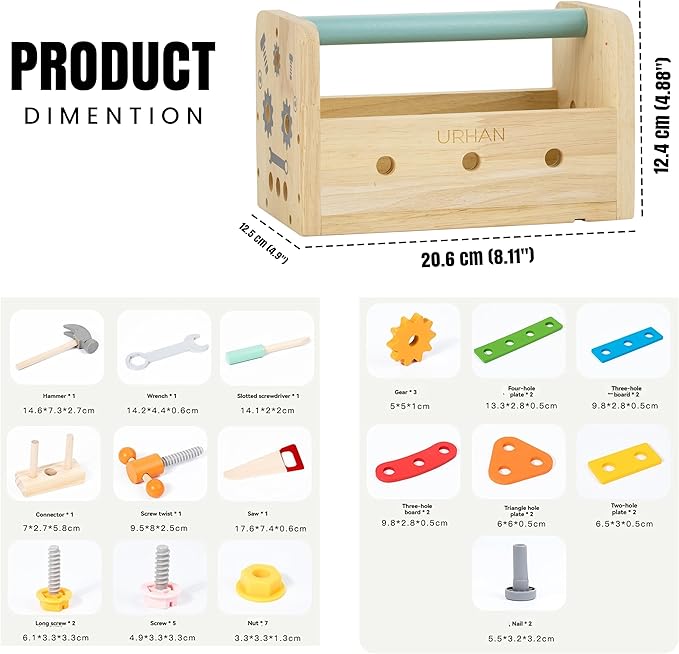 Kids Tool Set – 35 Pieces Wooden Toddler Tool with Box – Montessori STEM Educational Pretend Play Construction Toy for 3 to 13 Year Old Boys Girls – Best Birthday Gift