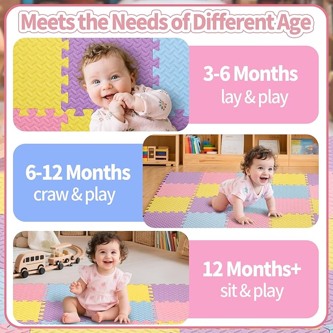 36 Tiles Foam Play Mat for Baby, 0.4 Inch Thick Foam Interlocking Floor Mats, Non-Toxic Baby Playmat, Solid Colored Puzzle Play Mat Kids Floor Mats for Toddler(Pink/Purple/Yellow/Light Blue)