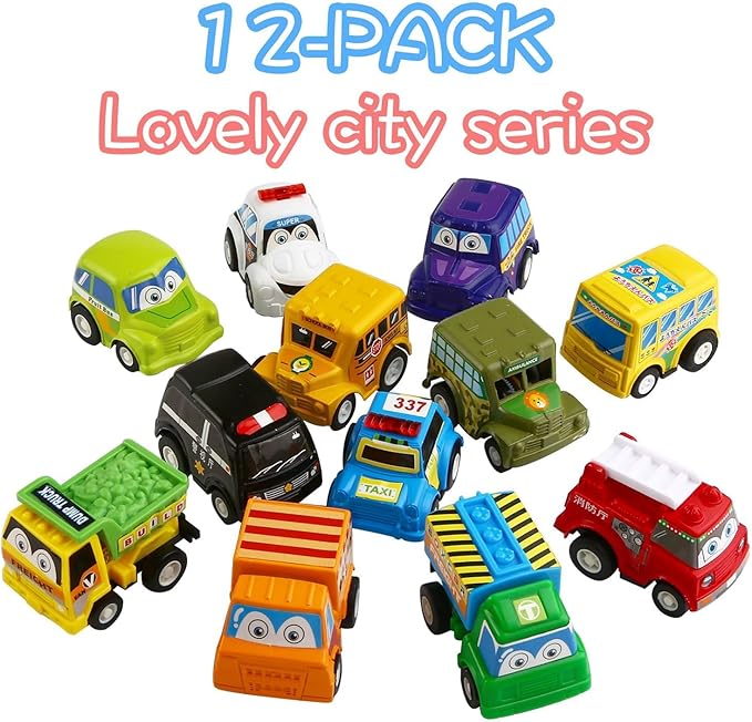 Funcorn Toys Pull Back Car, 12 Pack Assorted Mini Plastic Vehicle Set, Pull Back Truck and Car Toys for Boys Kids Toddler Party Favors,Die Cast Car Toy Play Set