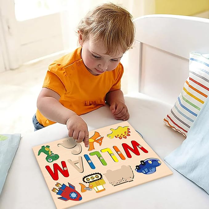Name Puzzle for Kids Personalized, 1st Birthday Girl and Boy,Custom Baby Easter Gifts with Engraved Text on Back, Montessori Learning Toys for Boy & Girl (Blue Gradient)