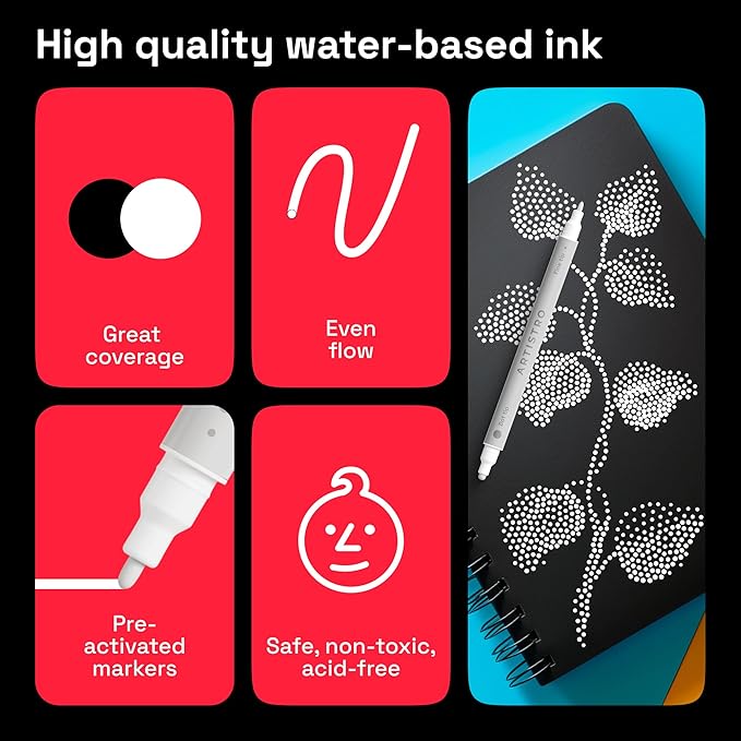 ARTISTRO 5 White Dual Tip Brush + Fine Acrylic Paint Pens Ideal for Calligraphy - Paint Markers for Fabric, Rock, Glass, DIY - Stocking Stuffers, Christmas Gift Idea for Teens, Grandkids, Kids