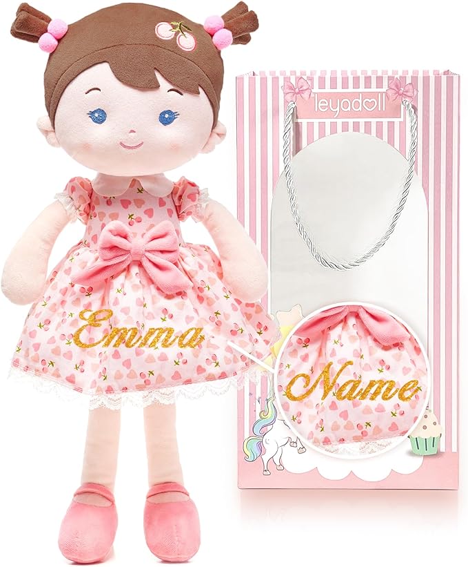 LeyaDoll Personalized Soft Baby Doll Toys for Girls (16''), My First Birthday Gift, Christmas Dolls, Leya Doll Baby Rag Doll Plush Toys for Toddler Kids Infants -Cherry Girl Light