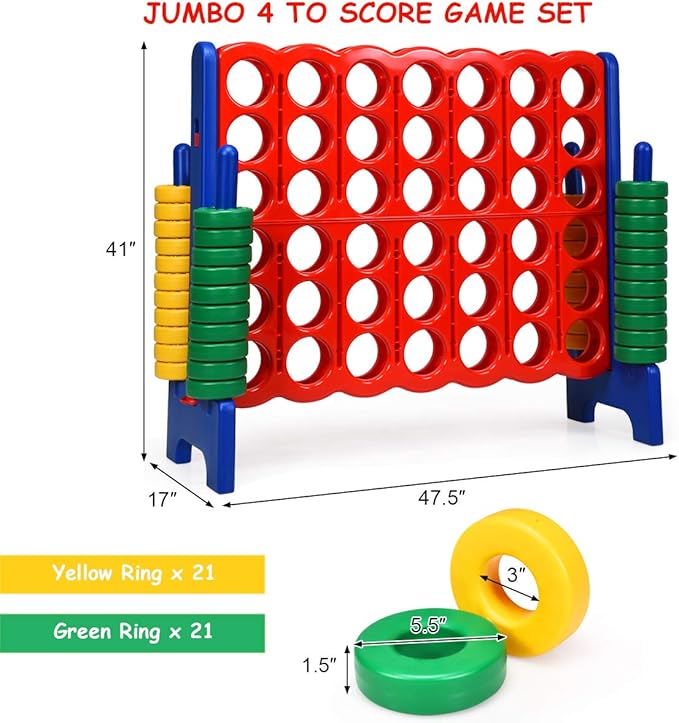 Costzon Giant 4-in-A-Row, Jumbo 4-to-Score Giant Game Set for Kids & Adults, Indoor Outdoor Yard Connect Game, 3.5FT Tall with 42 Jumbo Rings & Quick-Release Slider, Perfect for Family & Party Games