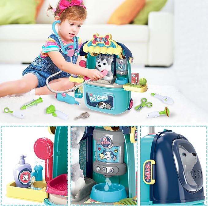 MAGIC4U Pet Cat Care Carrier Suitcase Toy, 29PCS Doctor Vet Kit for Kids, Pet Dog Grooming Feeding Toys, Veterinarian Pretend Play Set, Gifts for Boys and Girls Ages 3-12