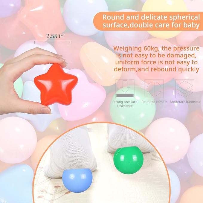 Ball Pit Balls Pack of 100 200 500 - Star and Round Set BPA Free Phthalate Free Non-Toxic Crush Proof Play Balls Soft Plastic Balls for Toddlers Baby Kids Birthday Pool Tent Party