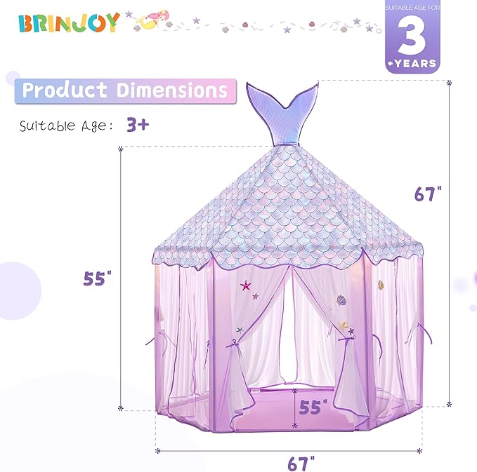 Princess Tent for Girls with Lights, Large Pretend Play Tent Castle w/Carry Bag & Stickers & Detachable Fishtail Top Indoor Outdoor, 67”x55” Ocean-Theme Kids Playhouse Gift for Toddler Age 3+