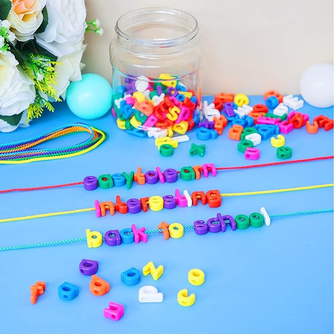 Wesiti 408 Pcs Lacing Letters Alphabet Learning Toys Toddler ABC Alphabet Beads Lacing Sports Skills Toys for Preschool Games Homeschool Supplies Early Spelling (Lowercase Letters)
