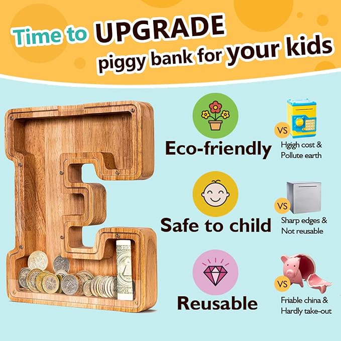 SummiDate Wooden Letter Piggy Bank for Kids| Piggy Bank for Boys Girls Toddler| Alphabet E Money Bank| Wood Coin Bank Personalized Birthday Easter Gift for Kids (E)