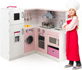 HONEY JOY Pink Corner Kids Kitchen Playset, Wooden Play Kitchen for Toddlers, Washing Machine, Range Hood, Water Dispenser, Cookware, Apron, Little Chef Pretend Toy Kitchen Set w/Lights & Sounds