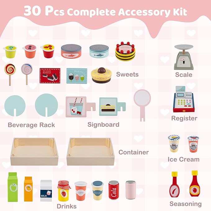 HONEY JOY Kids Food Cart, 30-Piece Toddler Pretend Play Grocery Store Playset w/Cash Register & Scale, Wooden Dessert Shop Play Market, Children Beverage Stand Cart w/Wheels, Gift for Boys Girls