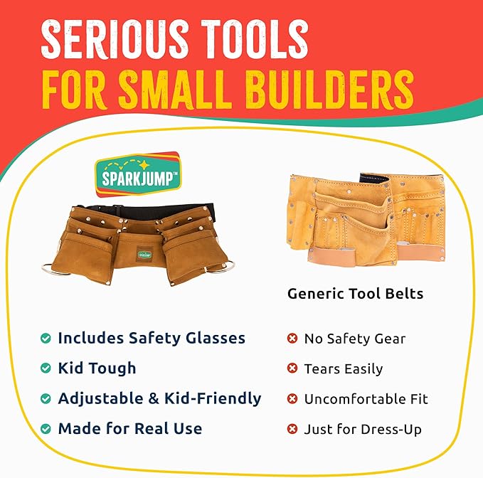SparkJump Kids Brown Tool Belt, Adjustable Leather Tool Belt for Toddlers and Kids, Dress-Up Construction Costume for DIY Woodworking and STEM Learning