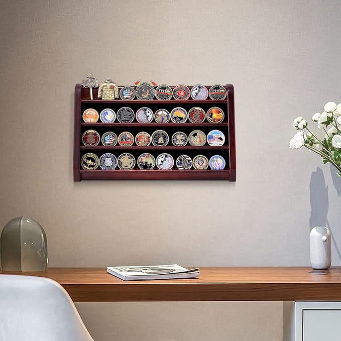 4 Rows Military Wooden Challenge Coin Display Case - Wall Mountable Army Holder Stand Rack, Holds 32 Coins, Mahogany