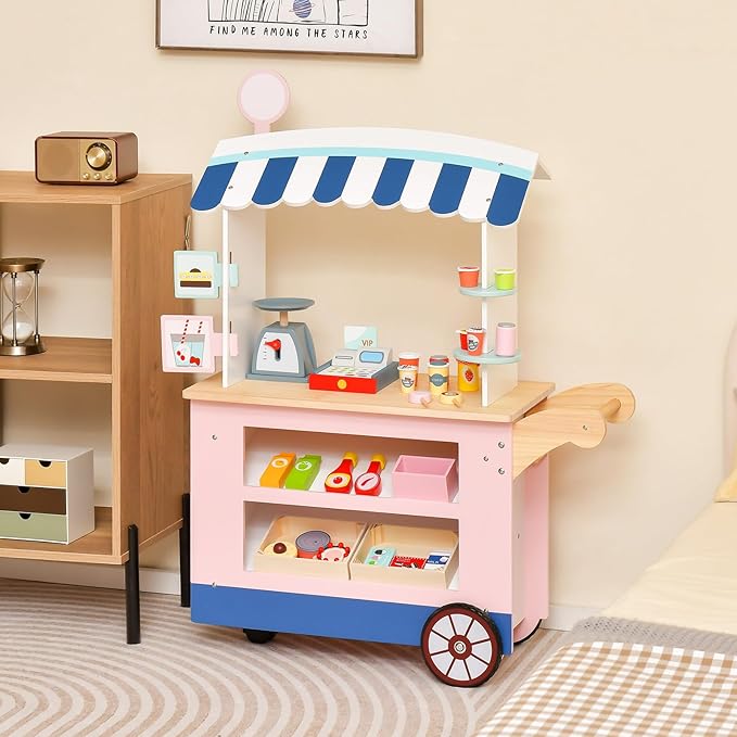 Costzon Kids Grocery Store Playset, Toddler Pretend Market Stand Shop Play Set w/ 30PCS Play Toy, Beverage Rack, Cash Register, Scale, Large Wheels, Wooden Food Cart, Gift for Boys Girls 3+ (Pink)
