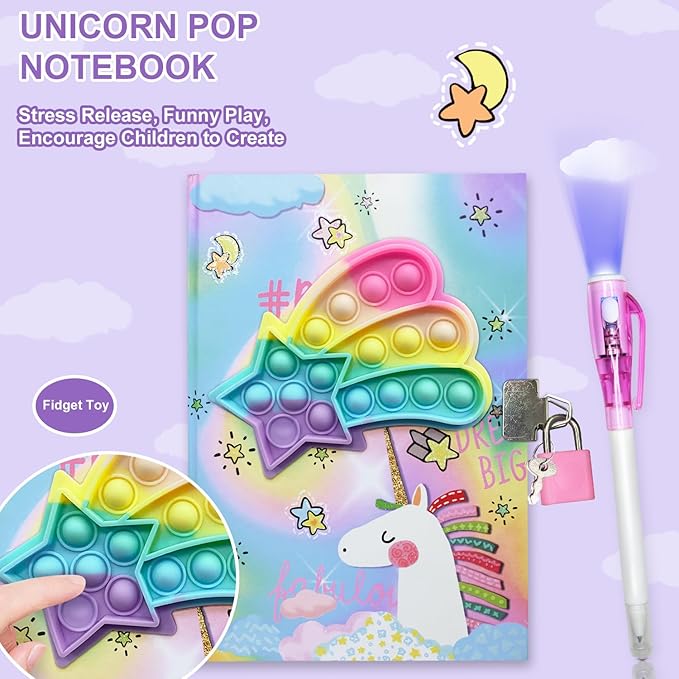 Pop Girls Diary with Lock and Invisible Ink Double-end Pen, 7.5x5.4 Inches 160 Lined Pages Fidget Unicorn Girls Journal for Kids Secret Notebook Pen Set Birthday Gifts for Girls 5 6 7 8 9 10 Years Old