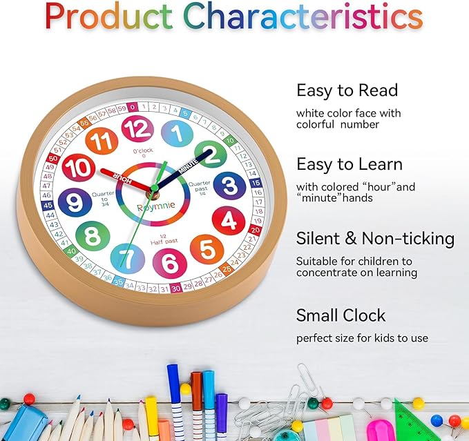 Wall Clock for Kids Learning - Teaching Time Wall Clocks Battery Operated Silent Non Ticking - Analog Colorful Clock Decorative for Kids Room Classroom School(14 Inch)