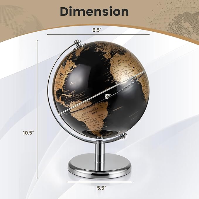 Goplus 8-Inch Metallic Black World Globe, Rotating Earth Globe w/Metal Stand, Modern Desktop Decoration for Home, Office (Black + Gold)