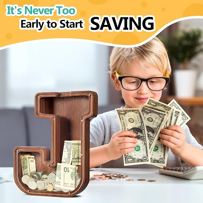 Customized Name Large Wooden Piggy Bank for Kids Boys Girls Alphabets Letter A-Z Coins Bills Money Change Bank Box Initial on Clear Cover (Laser Engraved) (Alphabet-J, Personalized-12)