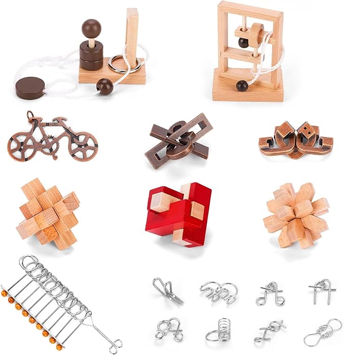 17 Pcs Brain Teaser Puzzles for Adults Teens - Metal Puzzles 3D Puzzle Game Toys for Adults Teens - Wooden Unlock Interlocking Puzzle Adult IQ Education Smart Toy