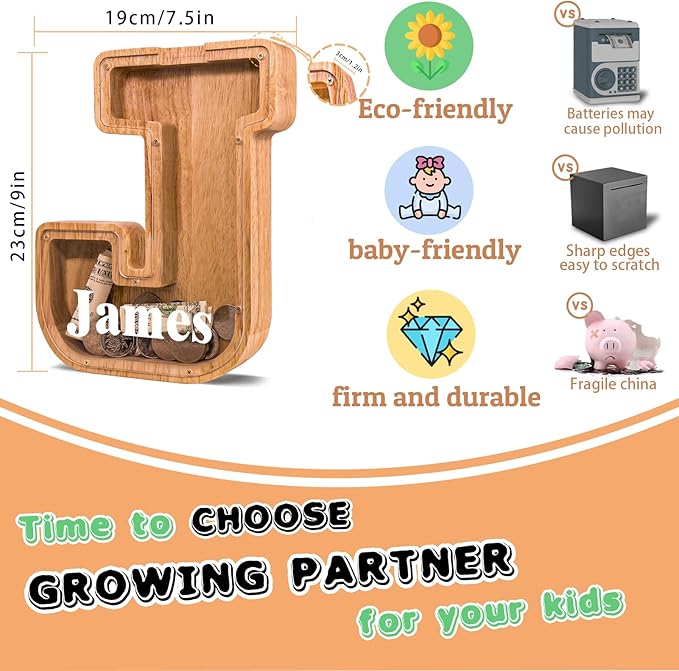 Wooden Letter Piggy Bank for Kids Larger Letter Piggy Bank for Boys and Girls Personalized Piggy Bank Initial Coin Bank Wood Kids Money Bank for Birthday and Festival
