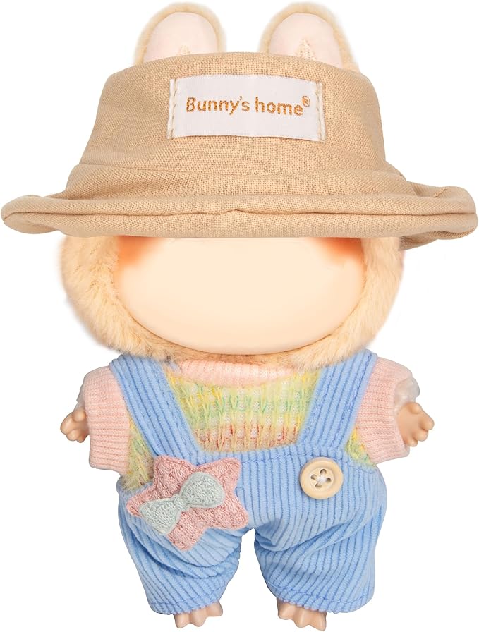 17cm Design Clothes for Labubu - Kawaii Chic Style Set for 17cm Dolls, Cute Doll Outfit with Accessories - Colorful T-Shirt + Star Light Blue Romper + Oatmeal Hat (Clothes Only)
