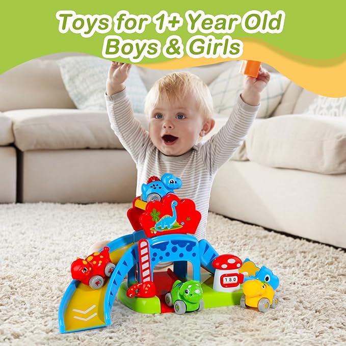 Baby Toys for 1 Year Old Boys & Girls Gift – Dino Slide Set with 4 Color & Number Push Cars – Dinosaur Toy for Toddlers, Montessori Learning Toys for 12-18 Months – 1st Birthday Gifts for Kids