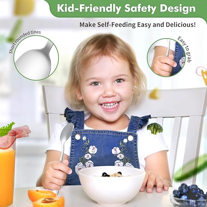 DRKIO Stainless Steel Toddler Spoons Set - 6 Pieces Kids Spoons Set Children Safe Food Grade Kids Silverware Small Spoon Metal Toddler Utensils Dishwasher Safe Mirror Polished