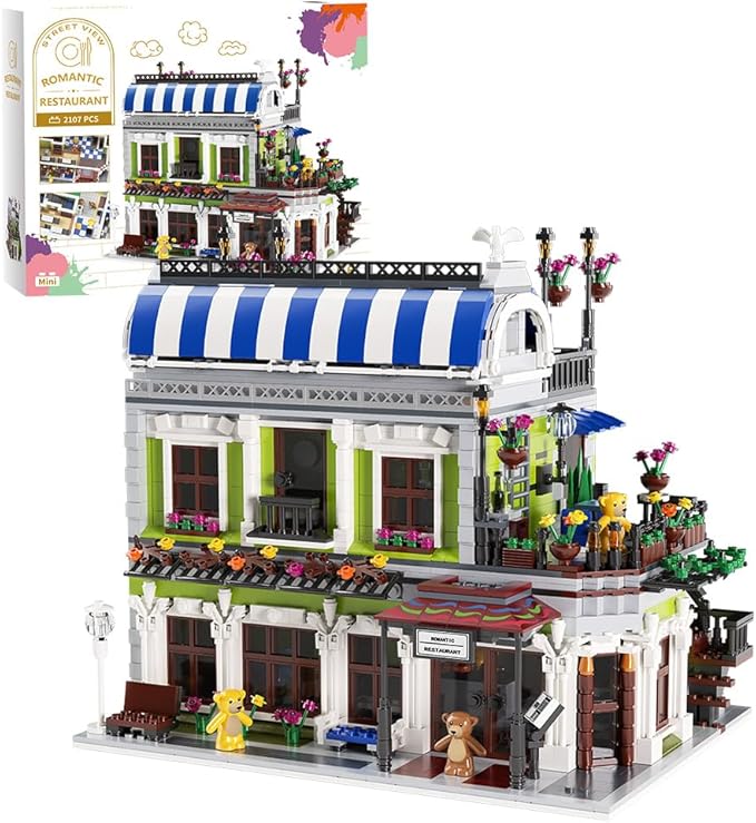 Romantic Restaurant Building Toys, Flowers City Hotel House Building Kit with Bear Mini Bricks, City Street House Construction Toys, 2107Pcs Mini Bricks